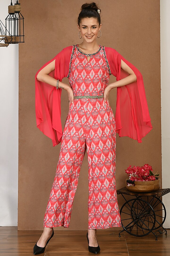 Red Muslin Digital Printed Jumpsuit by Isha Gupta at Pernia's Pop Up Shop