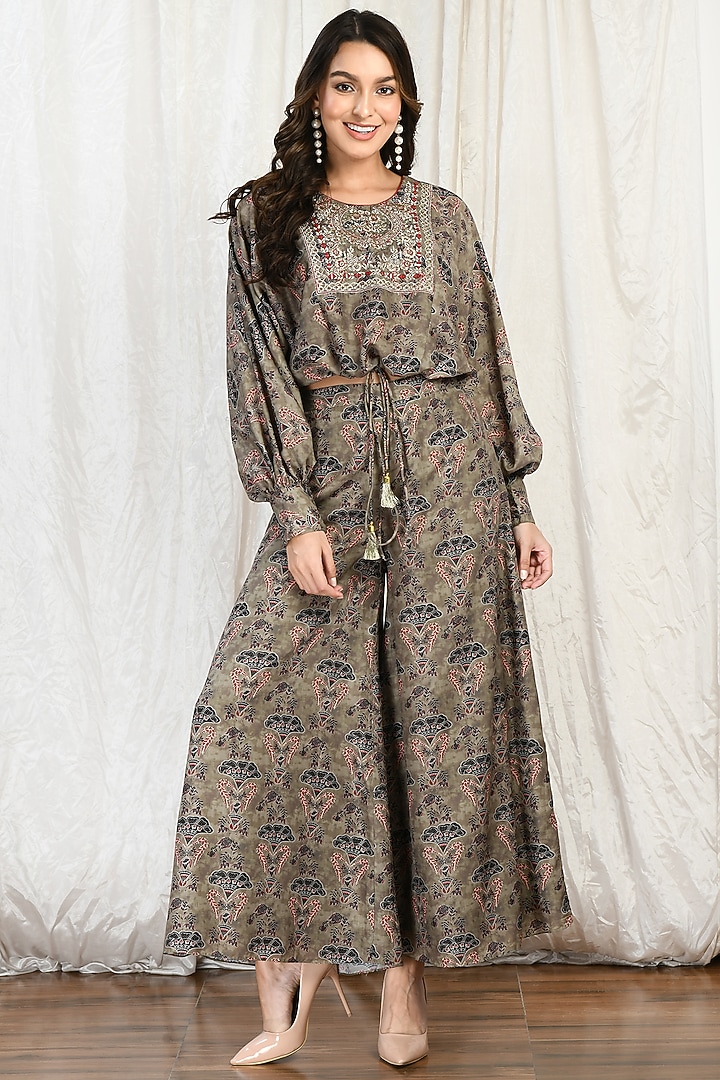 Olive Green Muslin Printed Palazzo Pant Set by Isha Gupta at Pernia's Pop Up Shop