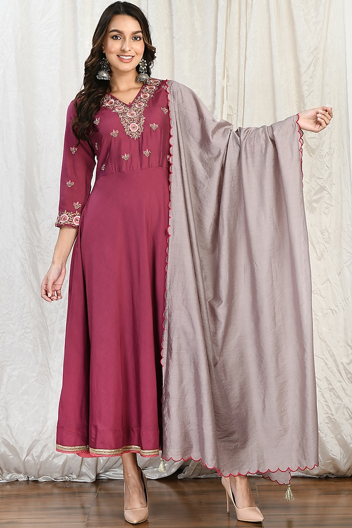 Wine Silk Chanderi Embroidered Anarkali Set by Isha Gupta