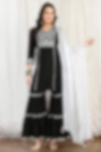 Black Silk Chanderi Embroidered Sharara Set by Isha Gupta at Pernia's Pop Up Shop