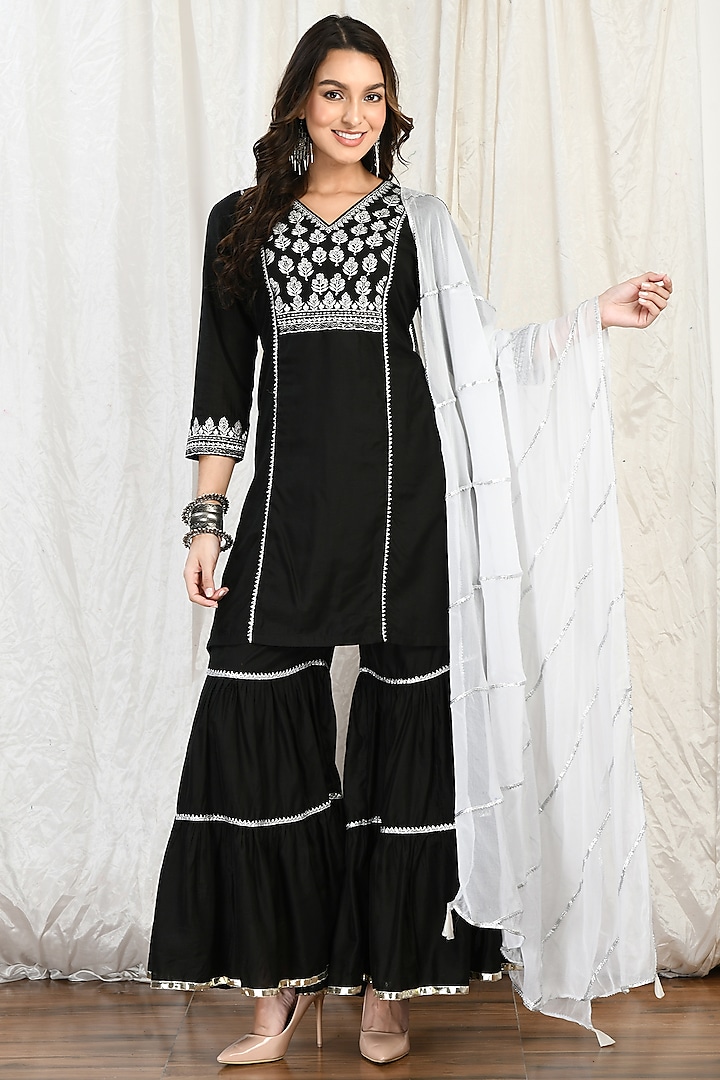 Black Silk Chanderi Embroidered Sharara Set by Isha Gupta at Pernia's Pop Up Shop