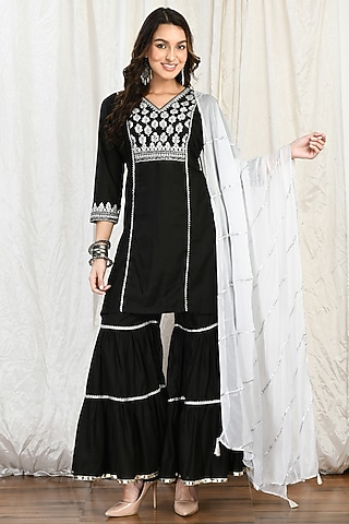 Black Silk Chanderi Embroidered Sharara Set by Isha Gupta