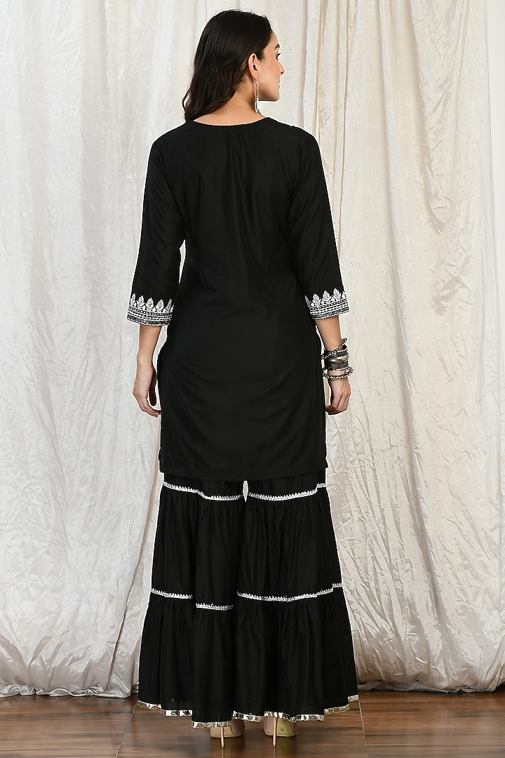 Black Silk Chanderi Embroidered Sharara Set by Isha Gupta at Pernia's Pop Up Shop