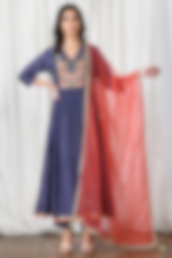 Cobalt Blue Silk Chanderi Embroidered Anarkali Set by Isha Gupta at Pernia's Pop Up Shop