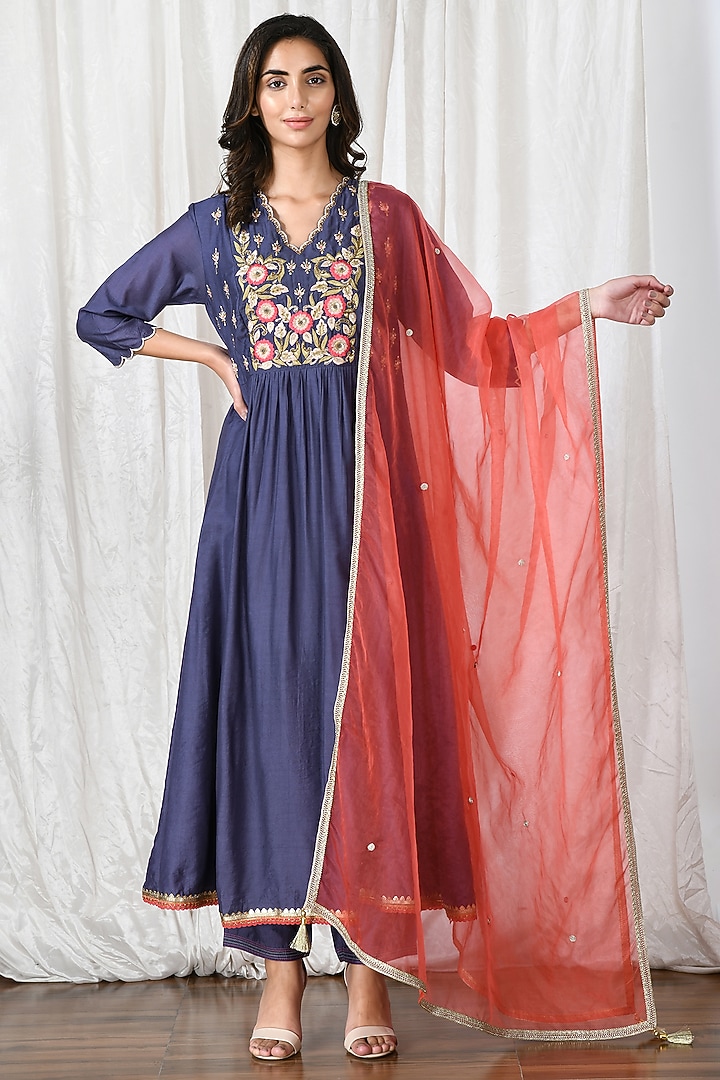 Cobalt Blue Silk Chanderi Embroidered Anarkali Set by Isha Gupta at Pernia's Pop Up Shop