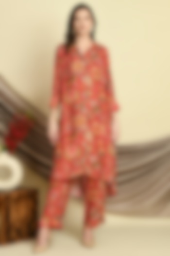Red Muslin Printed & Embroidered Co-Ord Set by Isha Gupta at Pernia's Pop Up Shop