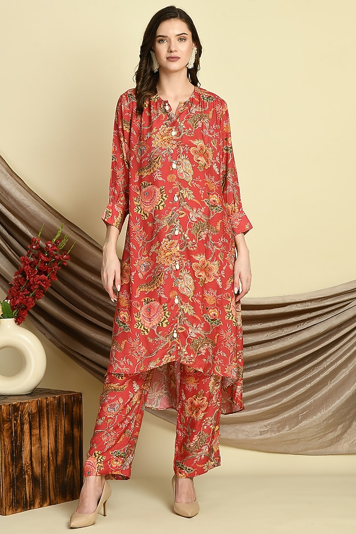 Red Muslin Printed & Embroidered Co-Ord Set by Isha Gupta at Pernia's Pop Up Shop
