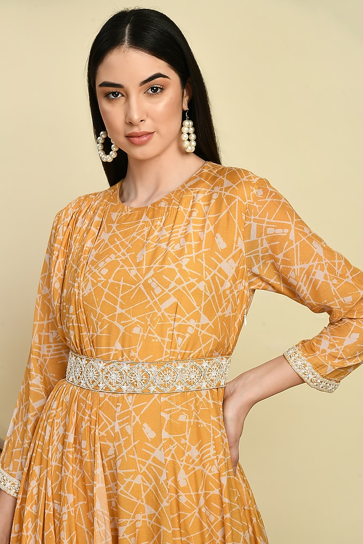 Mustard Muslin Printed Gown by Isha Gupta at Pernia's Pop Up Shop