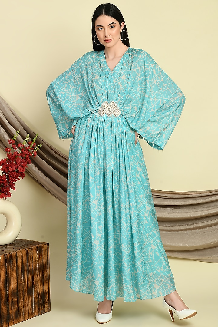 Turquoise Muslin Printed Gown by Isha Gupta