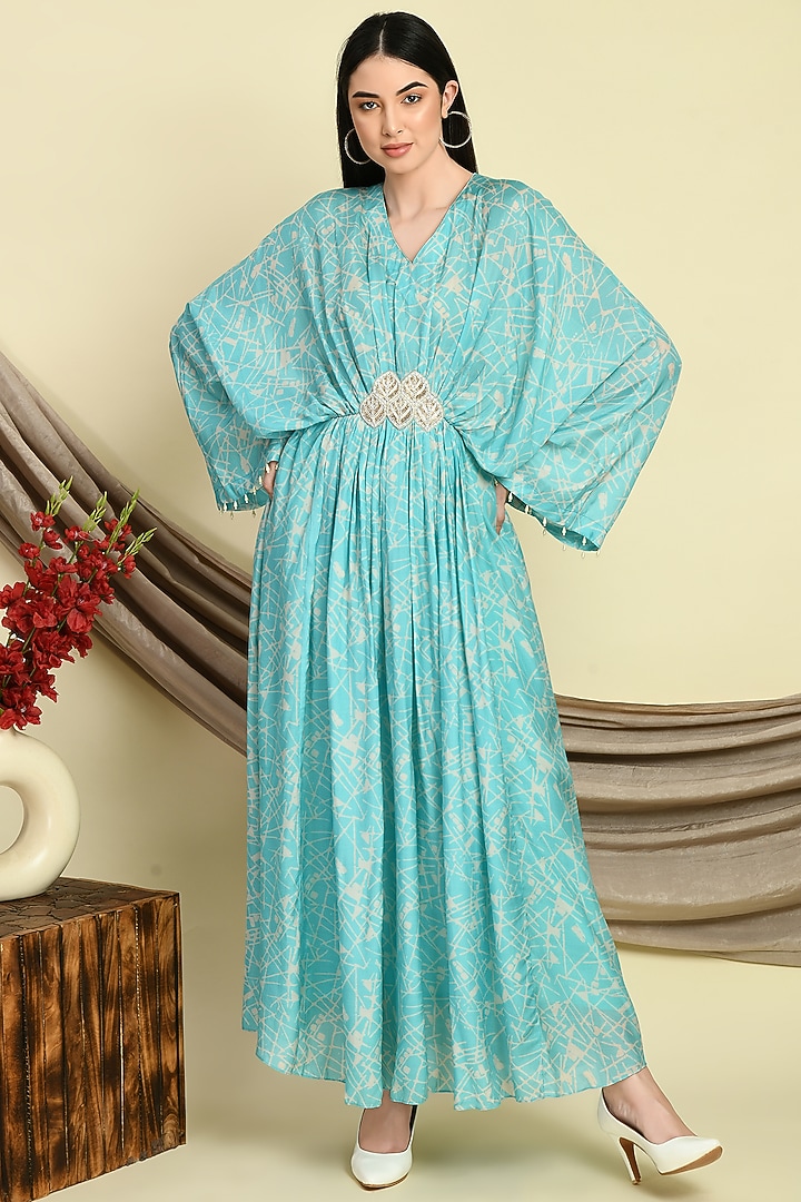 Turquoise Muslin Printed Gown by Isha Gupta at Pernia's Pop Up Shop