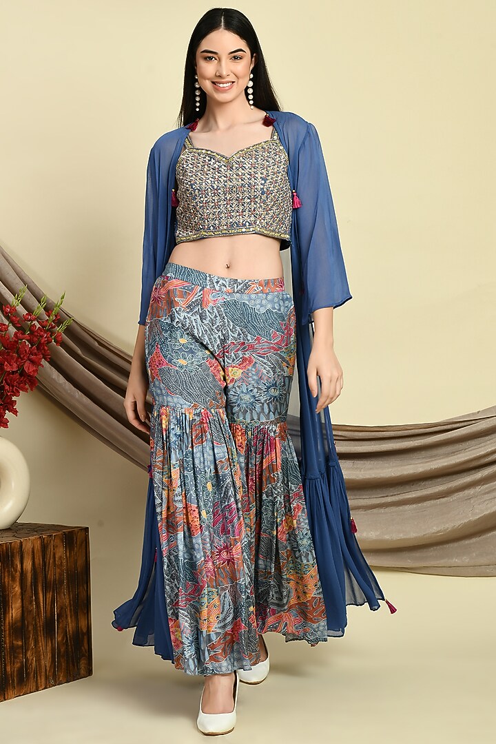 Cobalt Blue Muslin Embroidered Cape Set by Isha Gupta at Pernia's Pop Up Shop
