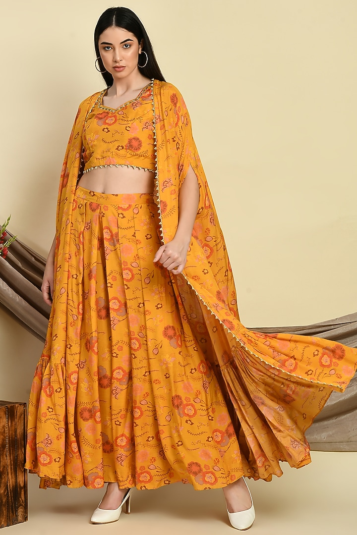 Mustard Muslin Digital Printed Cape set by Isha Gupta at Pernia's Pop Up Shop