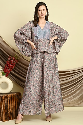 Brown Muslin Printed Palazzo Pant Set by Isha Gupta