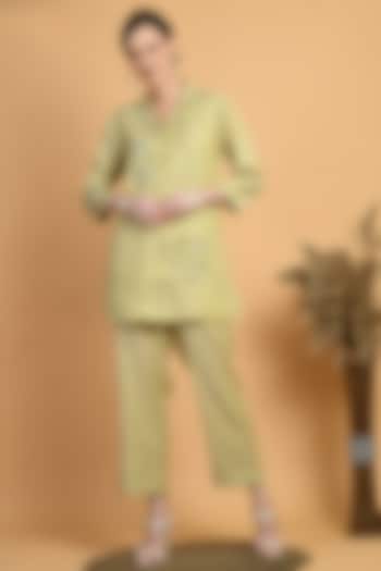 Lime Dobby Embroidered Co-Ord Set by Isha Gupta at Pernia's Pop Up Shop