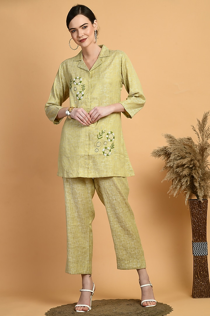 Lime Dobby Embroidered Co-Ord Set by Isha Gupta at Pernia's Pop Up Shop