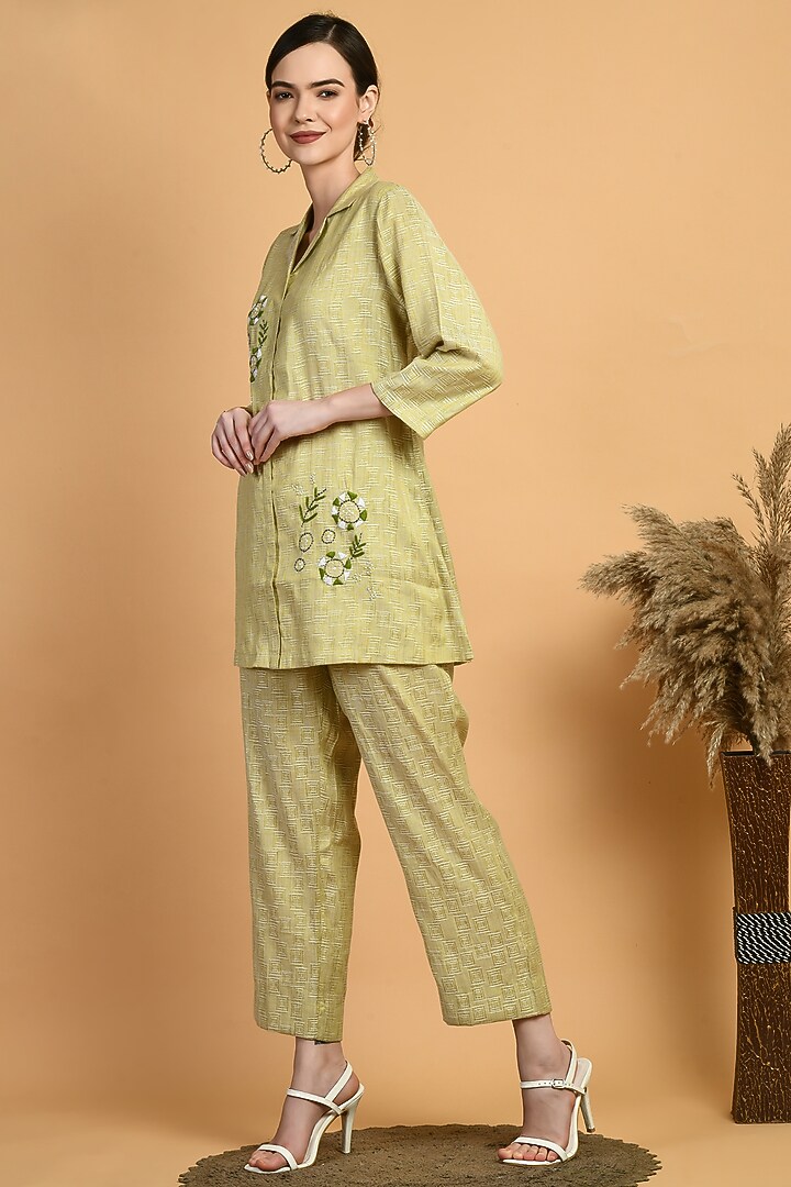Lime Dobby Embroidered Co-Ord Set by Isha Gupta at Pernia's Pop Up Shop