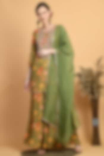 Olive Green Muslin Digital Printed Party Wear Sharara Set by Isha Gupta at Pernia's Pop Up Shop