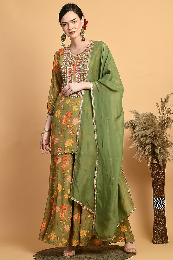 Olive Green Muslin Digital Printed Party Wear Sharara Set by Isha Gupta at Pernia's Pop Up Shop