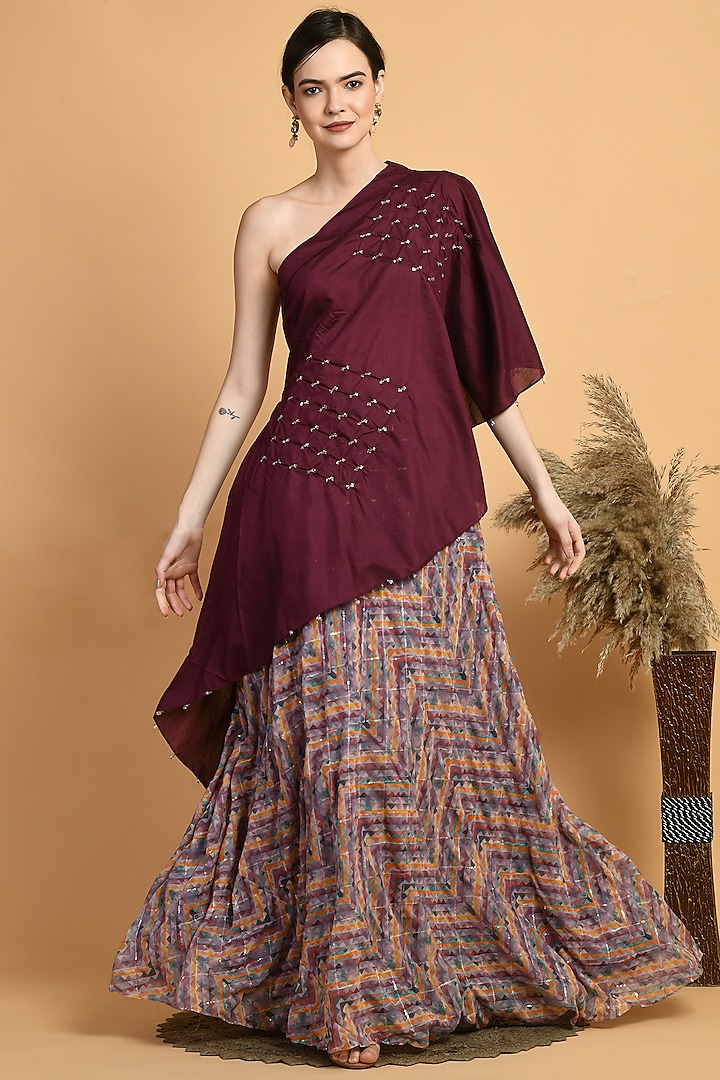 Multi-Colored Georgette Printed Skirt Set by Isha Gupta