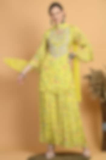 Lime Chiffon Digital Printed Party Wear Sharara Set by Isha Gupta at Pernia's Pop Up Shop