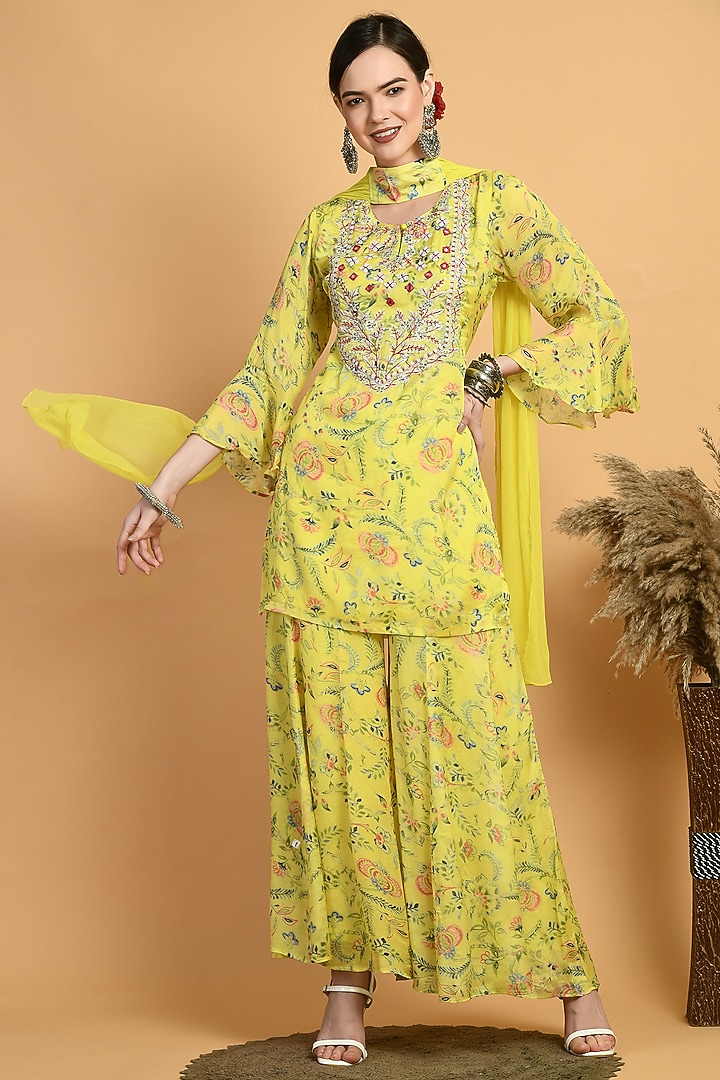 Lime Chiffon Digital Printed Party Wear Sharara Set by Isha Gupta at Pernia's Pop Up Shop