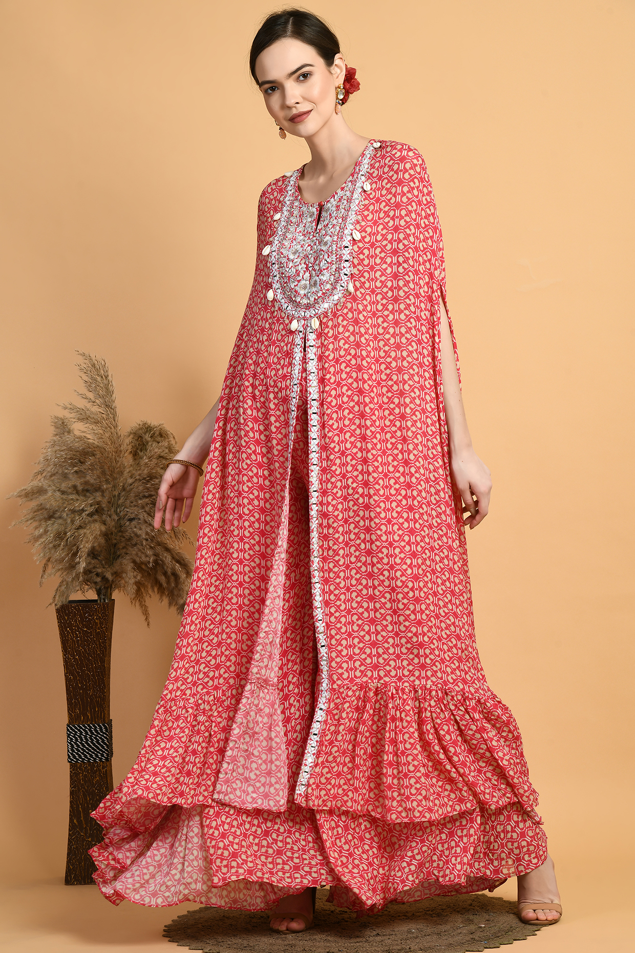 Red Chiffon Printed & Embroidered Jacket Set by Isha Gupta at Pernia's Pop Up Shop