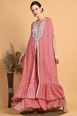Red Chiffon Printed & Embroidered Jacket Set by Isha Gupta