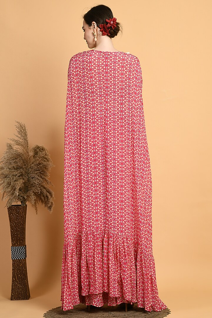 Red Chiffon Printed & Embroidered Jacket Set by Isha Gupta at Pernia's Pop Up Shop