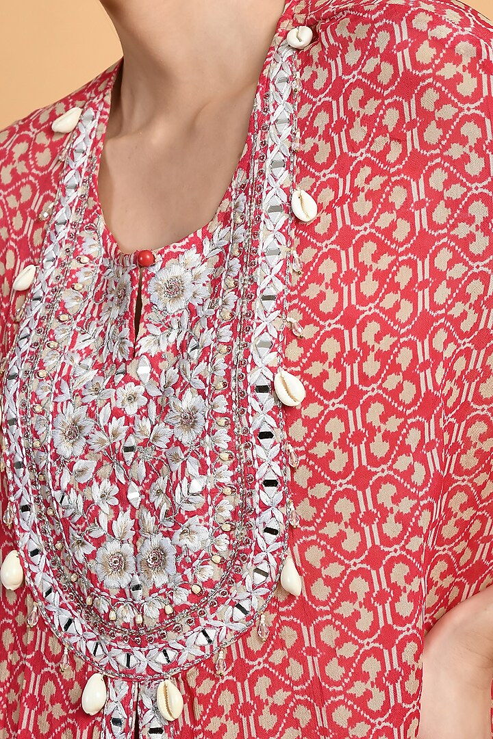 Red Chiffon Printed & Embroidered Jacket Set by Isha Gupta at Pernia's Pop Up Shop