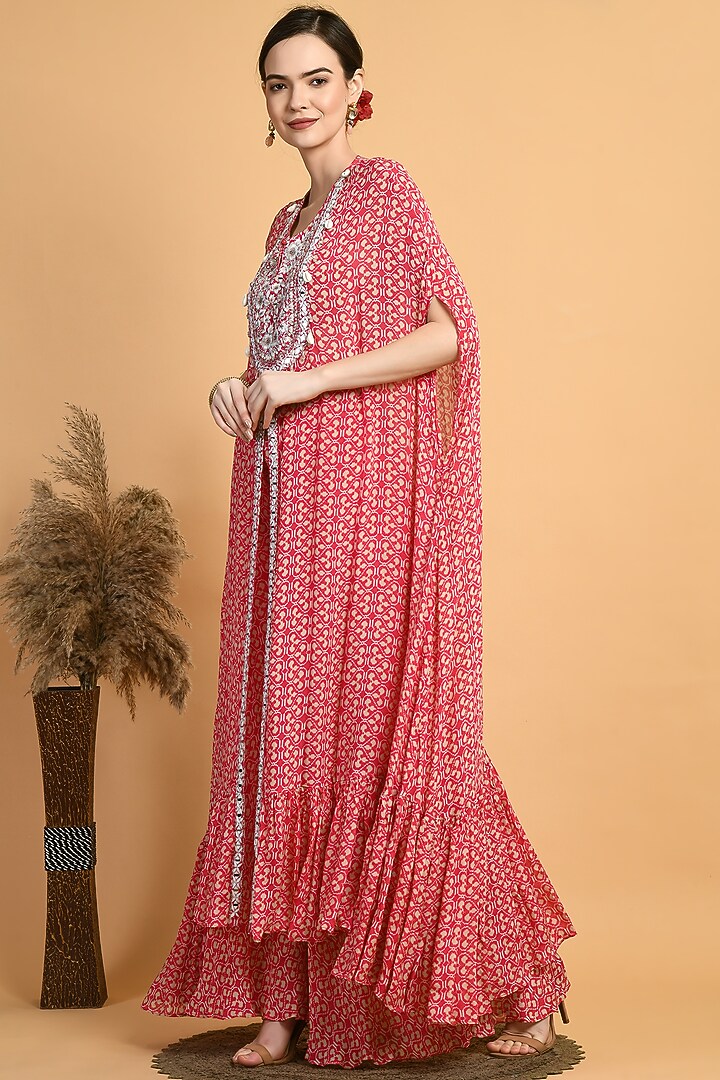 Red Chiffon Printed & Embroidered Jacket Set by Isha Gupta at Pernia's Pop Up Shop