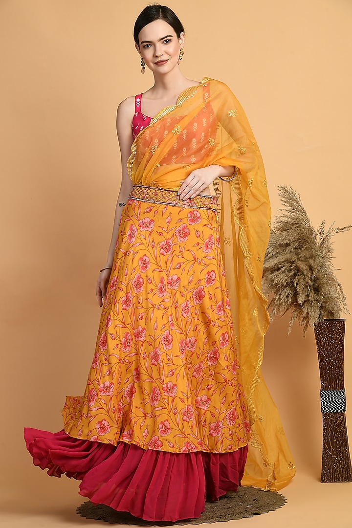 Yellow Muslin Embroidered Lehenga Set by Isha Gupta