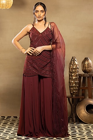 Burgundy Maroon Crepe Sharara Set by Isha & Shreya