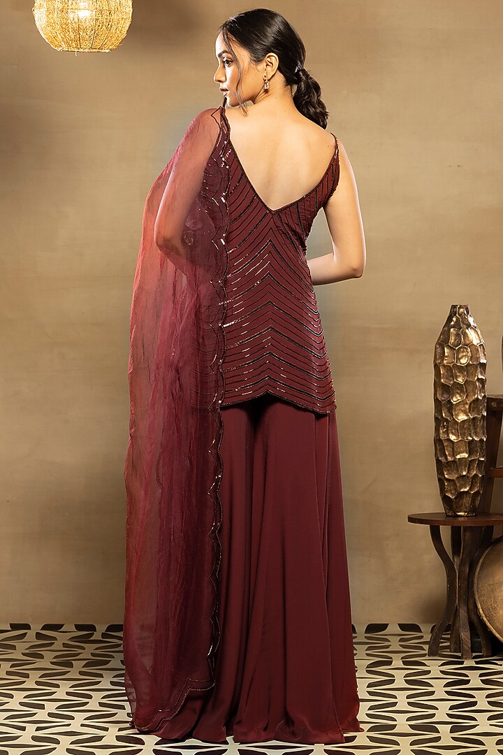 Burgundy Maroon Crepe Wedding Sharara Set by Isha & Shreya at Pernia's Pop Up Shop