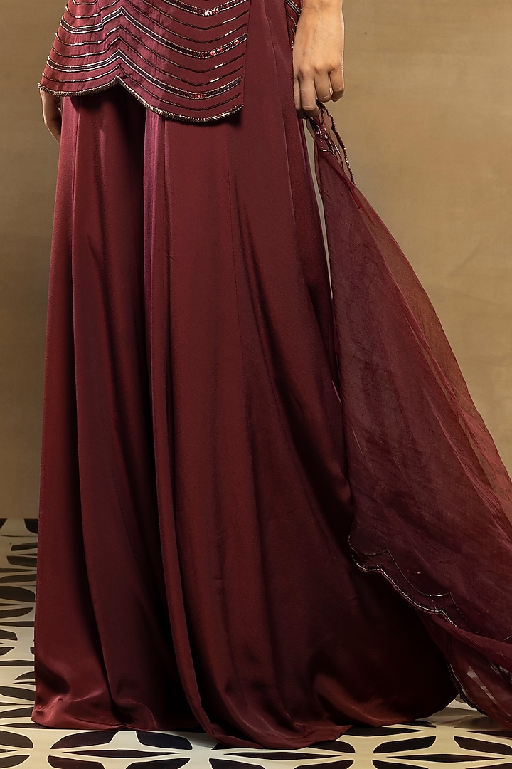 Burgundy Maroon Crepe Wedding Sharara Set by Isha & Shreya at Pernia's Pop Up Shop
