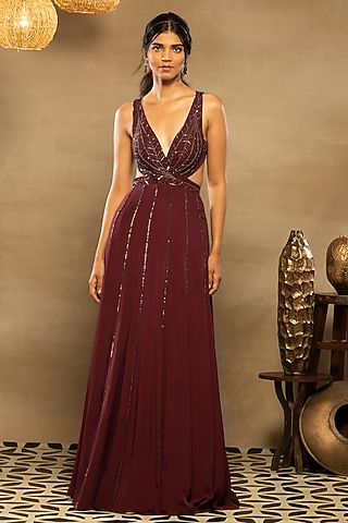 Burgundy Maroon Embroidered Anarkali Set by Isha & Shreya