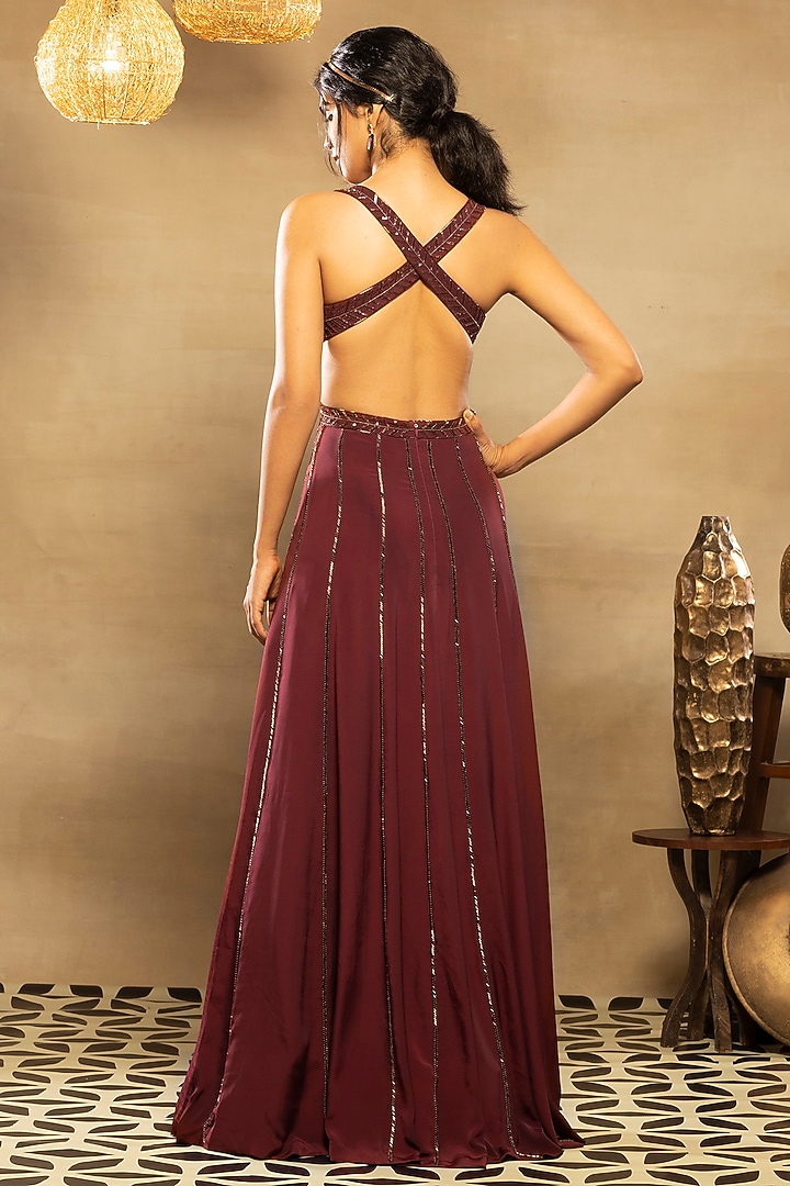 Burgundy Maroon Embroidered Wedding Anarkali Set by Isha & Shreya at Pernia's Pop Up Shop