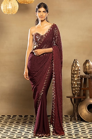 Burgundy Maroon Embroidered Saree Set by Isha & Shreya