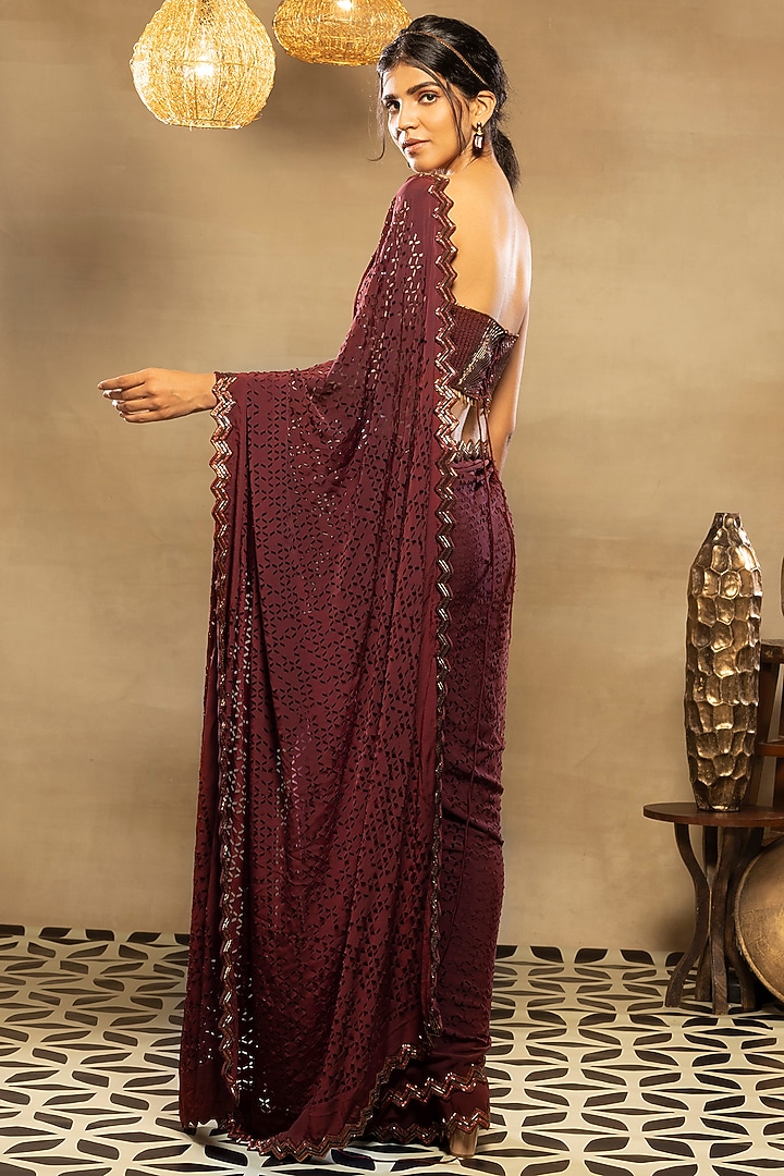 Burgundy Maroon Embroidered Wedding Saree Set by Isha & Shreya at Pernia's Pop Up Shop