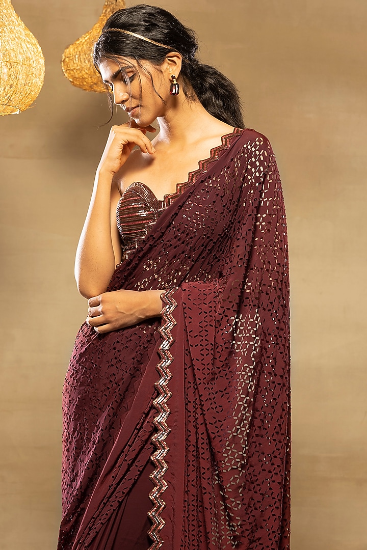 Burgundy Maroon Embroidered Wedding Saree Set by Isha & Shreya at Pernia's Pop Up Shop