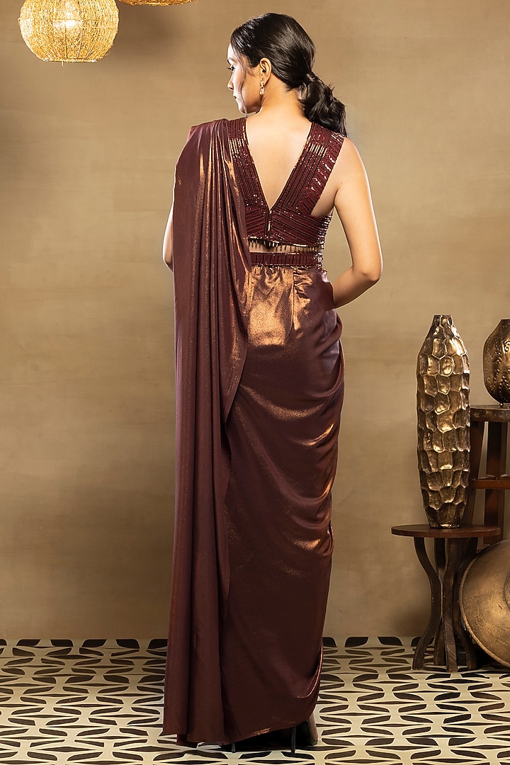 Burgundy Maroon Embroidered Pre-Draped Wedding Saree Set by Isha & Shreya at Pernia's Pop Up Shop