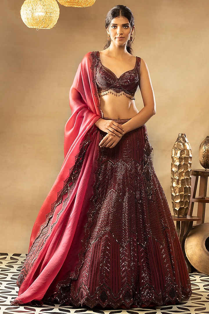 Cranberry Red Embellished Bridal Lehenga Set by Isha & Shreya at Pernia's Pop Up Shop