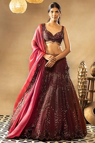 Cranberry Red Embellished Lehenga Set by Isha & Shreya