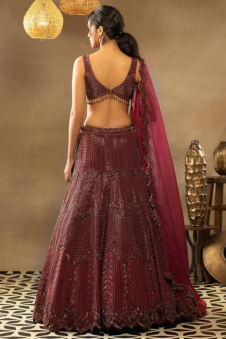Cranberry Red Embellished Bridal Lehenga Set by Isha & Shreya at Pernia's Pop Up Shop