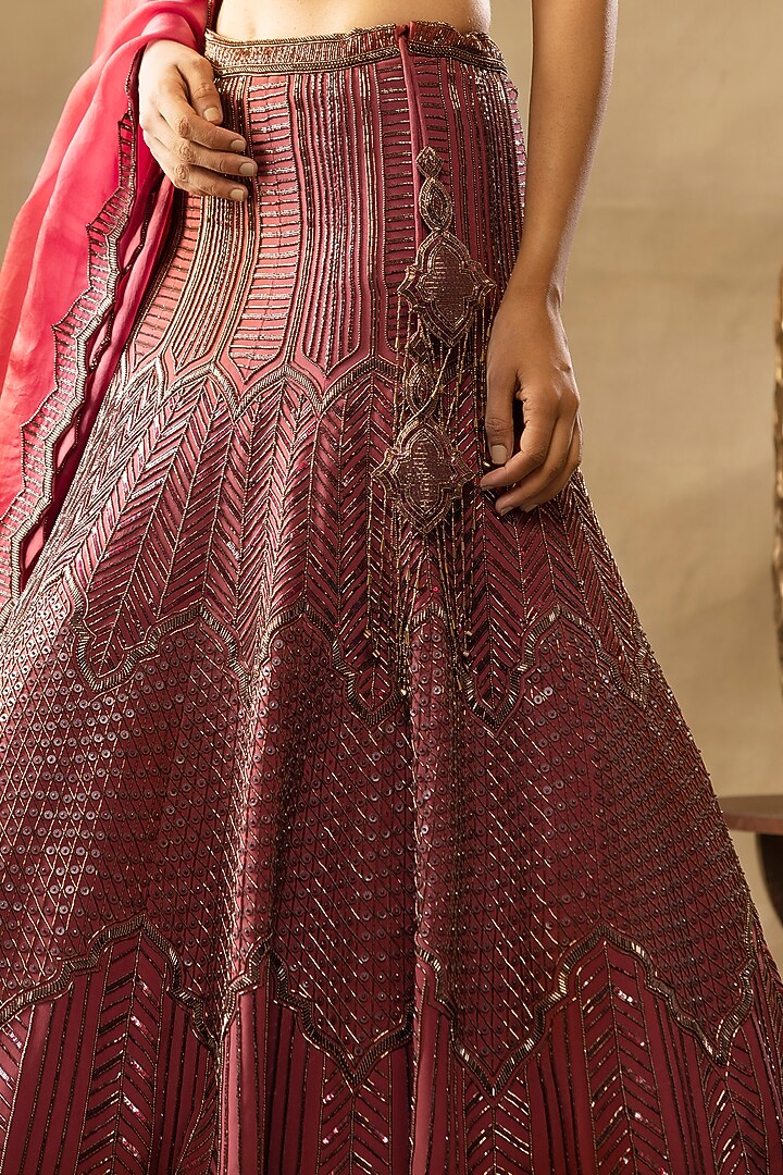 Cranberry Red Embellished Bridal Lehenga Set by Isha & Shreya at Pernia's Pop Up Shop