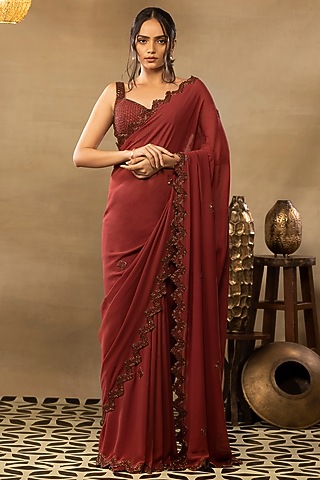 Cranberry Red Embroidered Saree Set by Isha & Shreya