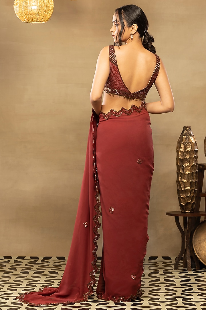 Cranberry Red Embroidered Wedding Saree Set by Isha & Shreya at Pernia's Pop Up Shop