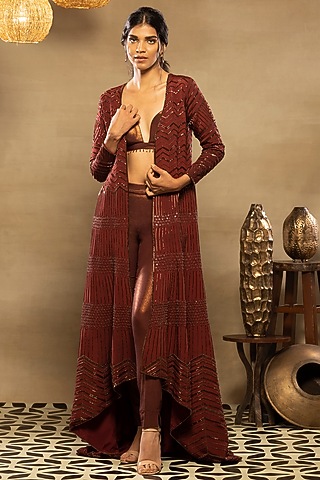 Maroon Embroidered High-Low Jacket Set by Isha & Shreya