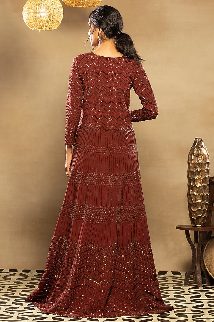 Maroon Embroidered High-Low Jacket Set by Isha & Shreya at Pernia's Pop Up Shop