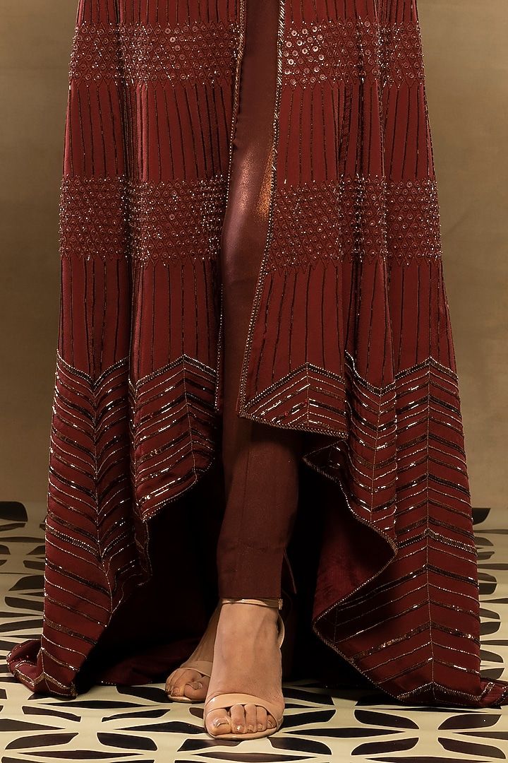 Maroon Embroidered High-Low Jacket Set by Isha & Shreya at Pernia's Pop Up Shop