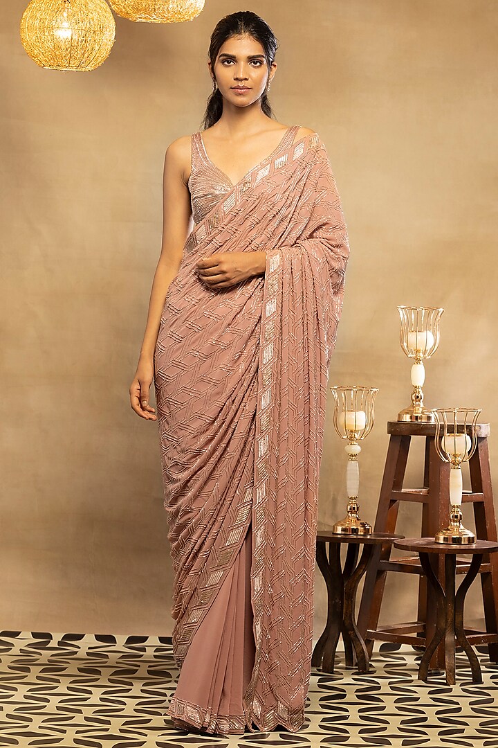 Rose Pink Embroidered Saree Set by Isha & Shreya